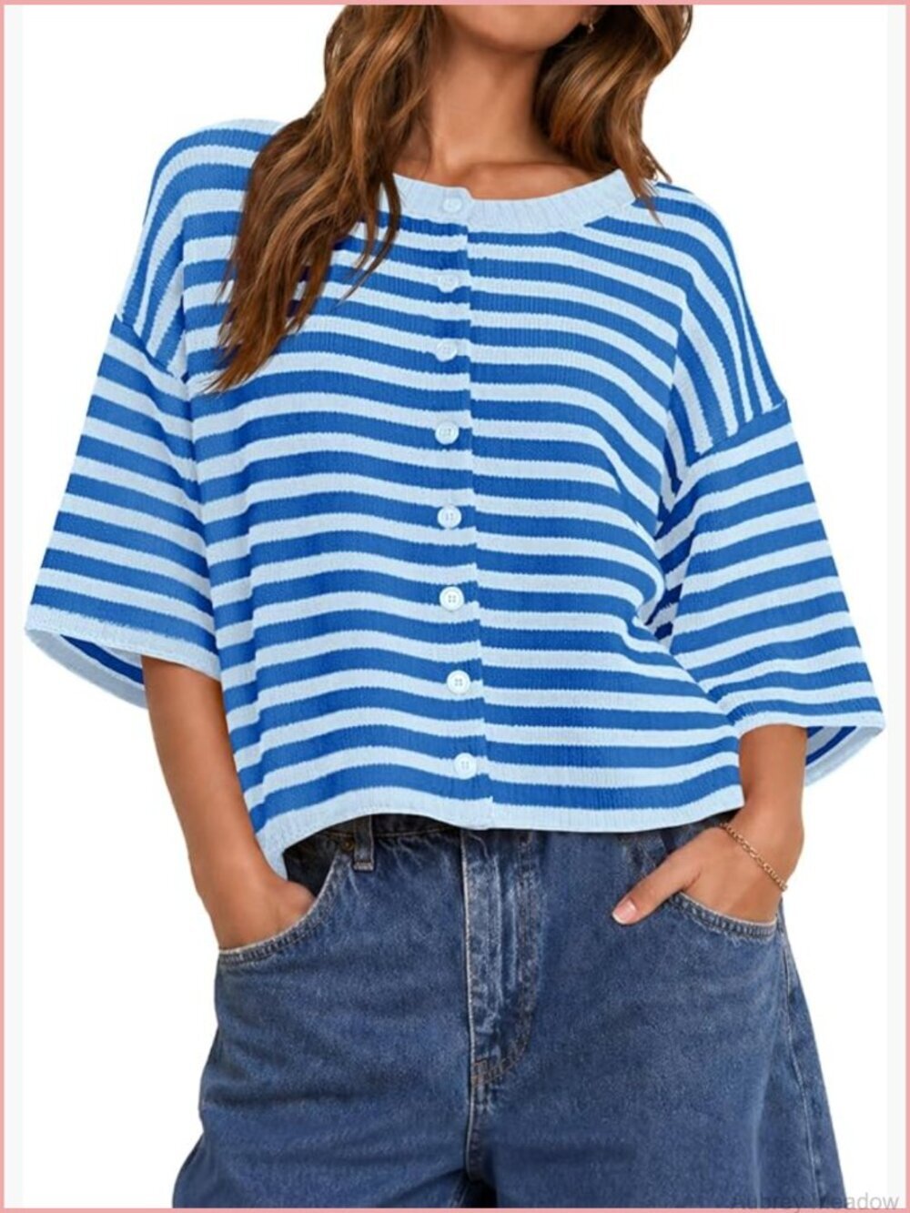 Womens Cropped Striped Button Down Cardigan Oversized Lightweight Knit Summer